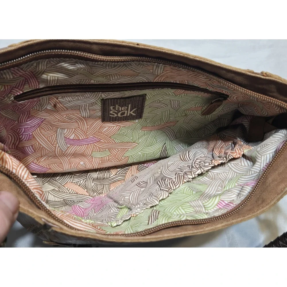 The Sak Leather Hobo Handbag Braided Strap Bronze Metallic Accent Pockets Zip - Picture 8 of 11